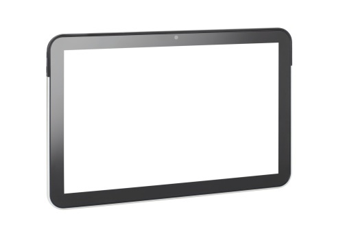 Tablet PC front view copy space on wooden table desk with blank gray copy space