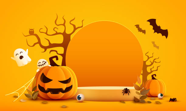 istock Halloween orange product display podium with pumpkins, bats and ghosts. 1713002263