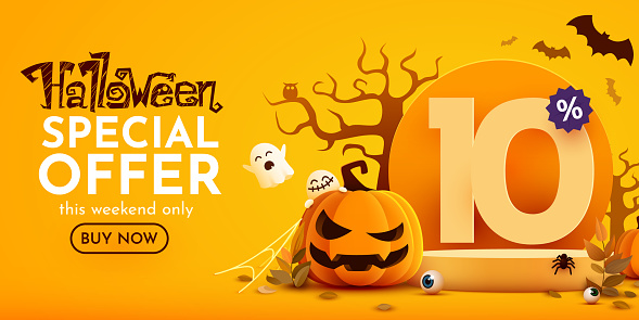 10 percents off. Halloween sale banner template. Podium and numbers with amount of discount. Special October offer. Vector illustration.