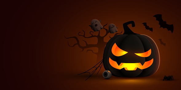 Halloween dark background with pumpkin, bats and ghosts. Vector illustration