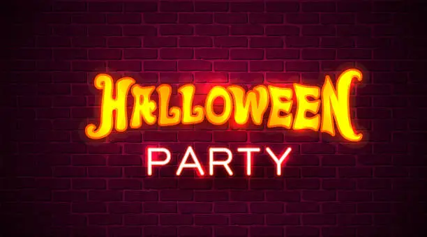 Vector illustration of Halloween party neon sign ob brick wall background. Retro style.