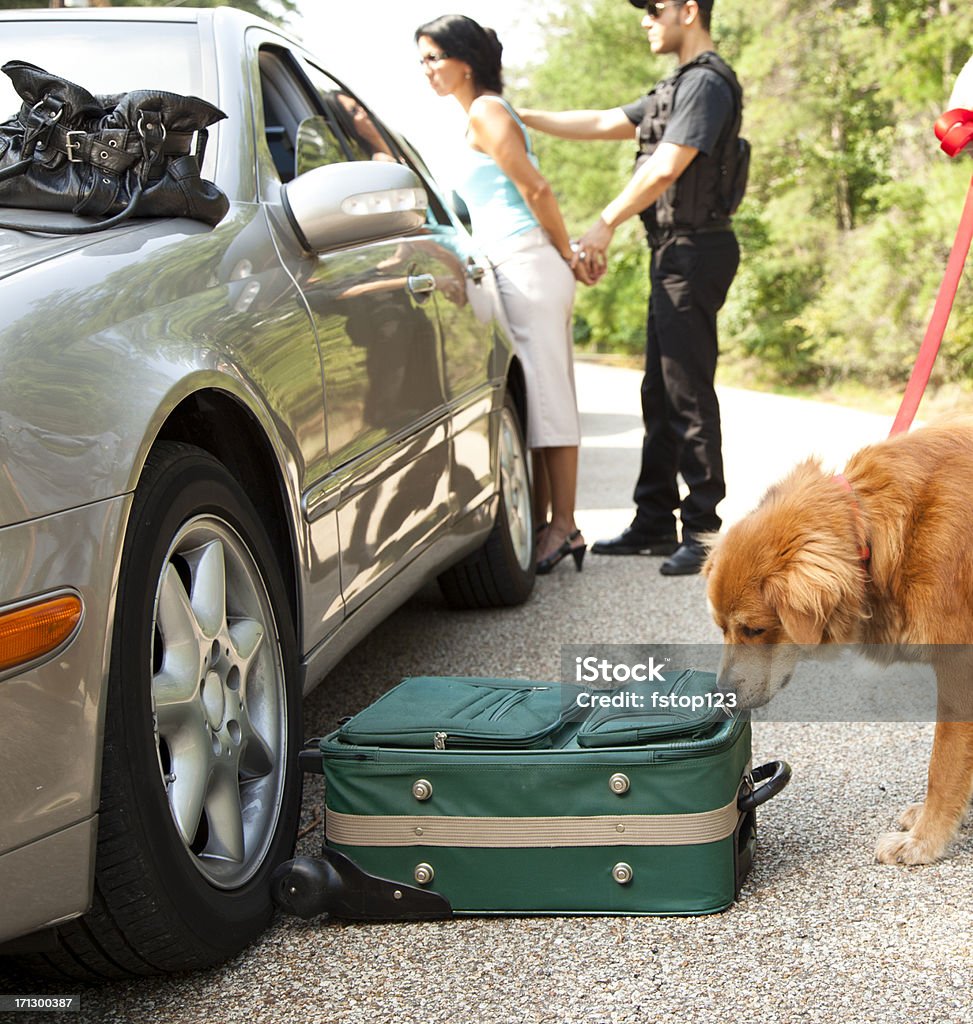 Police dog sniffing Gepäck Polizisten Handschellen Frau im Hintergrund. - Lizenzfrei Arbeiten Stock-Foto