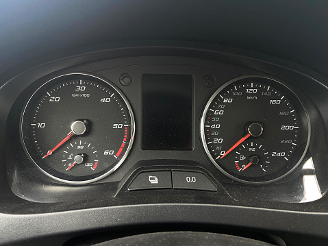 Front view car dashboard, speedometer, fuel gauge, tachometer