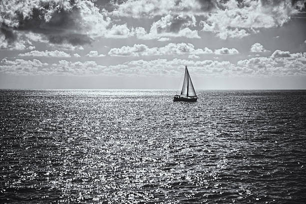 Sailing boat In the Mediterranean Sea. Black and White Image.