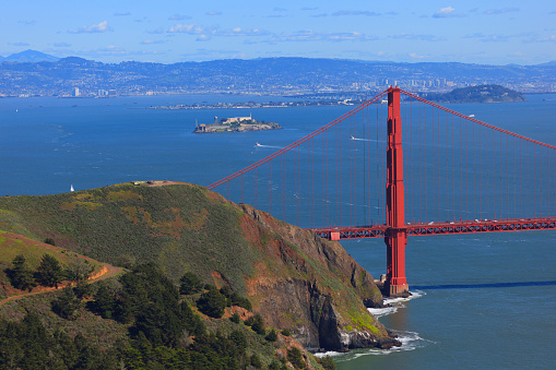 Golden Gate bridge with Alcatraz Island in background.