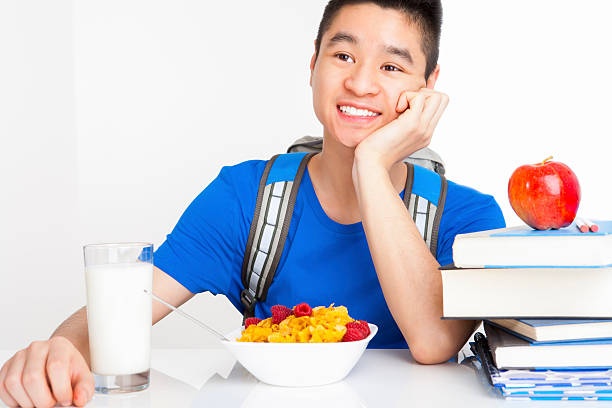 Teenager student eating breakfast