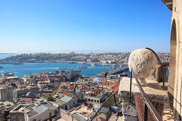 View from Galata Tower (visible to the right) in Istanbul down to the Galatasary district and over the Golden Horn to the Sultan Ahmet district with Topkapi Palace, Hagia Sophia, Blue Mosque (Sultahmet Camii) and Galata Bridge. Ferry boats on the Golden Horn.