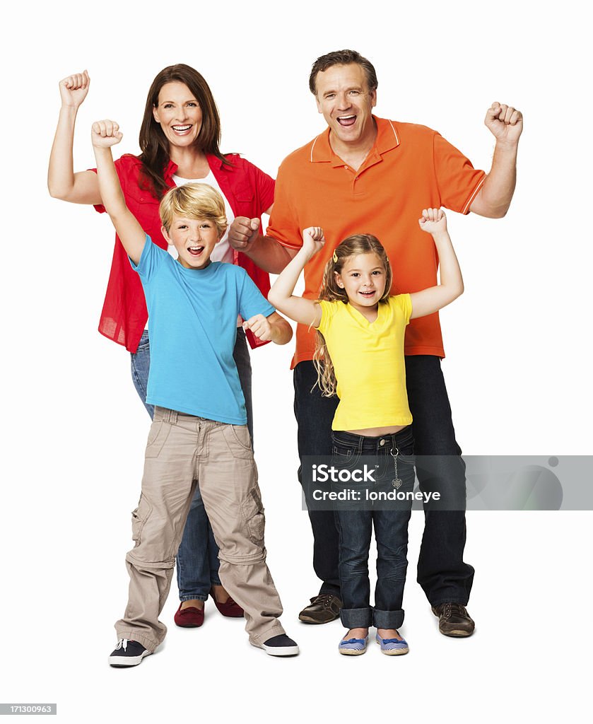 Felici famiglia festeggia il successo-isolato - Foto stock royalty-free di Famiglia