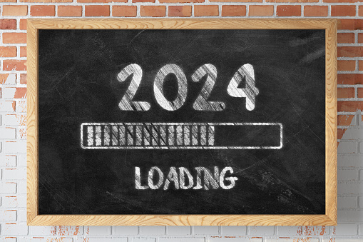 2024 New Year Loading Concept with Black Board. 2024 New Year Concept. 3D Render