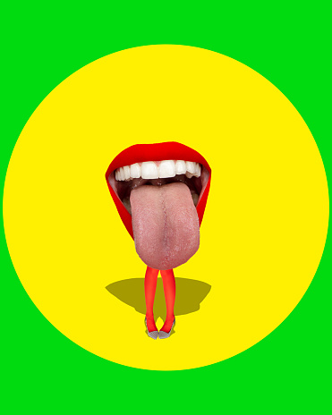 Cheerful mood, female mouth with tongue sticking out, legs in red tights over yellow green background. Contemporary art collage. Concept of creativity, surrealism, imagination. Pop art design. Poster