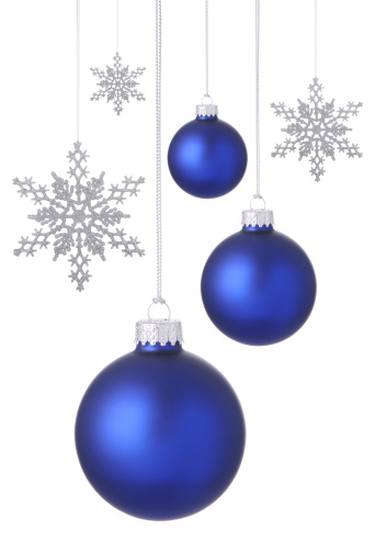 New 2012 Blue Christmas ornaments with silver glitter snowflakes hanging on a white background.