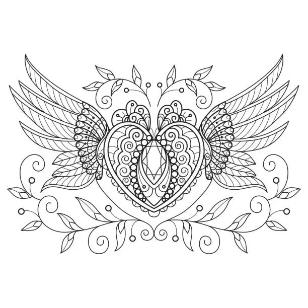 Vector illustration of Heart and angel wings hand drawn for adult coloring book