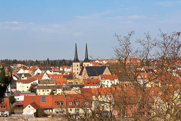 View to the town Grimma, Germany. "View to the town Grimma, Germany in the morning light in early springtime. Grimma is a small town in Saxony, situated on the river Mulde. Grimma is a famous Renaissance town with gothic buildings too." grimma stock pictures, royalty-free photos & images