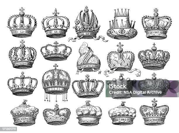 Crown Set Historic Symbols Of Monarchy And Rank Stock Illustration - Download Image Now - Crown - Headwear, Engraved Image, Engraving