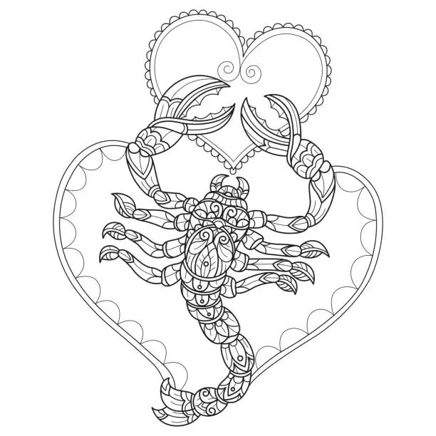 Vector illustration of Scorpion and heart hand drawn for adult coloring book