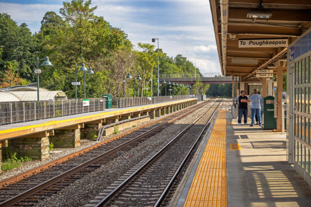 Beacon Station, Hudson Valley, New York, USA - August 14th 2023:  The platform and tracks at Beacon Station which is a commuters station at the Metro-North Railroad