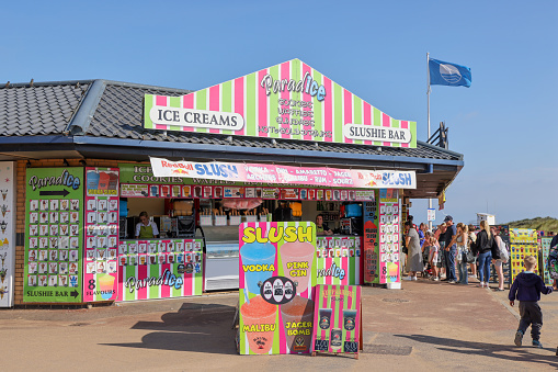 Skegness, Lincolnshire, England - September 16, 2023: Pardaice ice cream and slushy bar at the East coast seaside town of Skegness