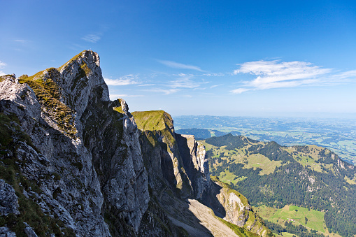 Spectacular view along the ridge of mount Pilatus in the central Swiss alps. The highest peak on the ridge is called the Tomlishorn.