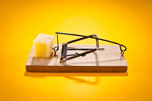 Mousetrap with hard cheese isolated on yellow, side view.