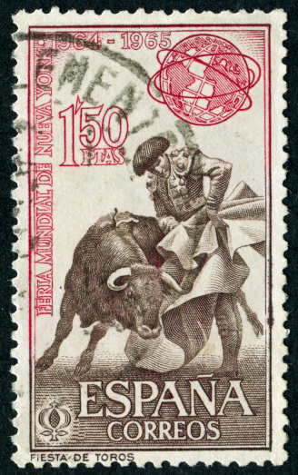 Cancelled Stamp From Spain Featuring A Bull Fight And The New York World's Fair.