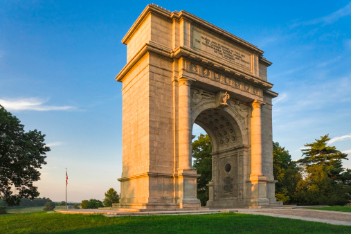 National Memorial Arch at Valley Forge National Historic Park in Pennsylvania.  This is a simplified version of the Triumphal Arch of Titus in Rome (AD81) which marked the capture of Jerusalem by Titus in (AD70).  It marks the entrance of the Continental Army into the Valley Forge encampment in the winter of 1777-1778 during the American Revolution.