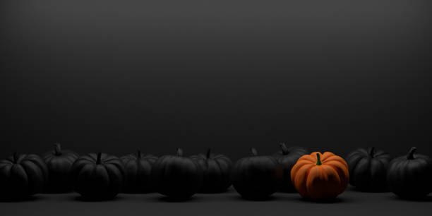 Elegant Halloween background with many realistic black and orange beautiful vegetable pumpkins on bottom frame. Modern invitation template, horror decoration, sales, product display, discount template design in 3D illustration, copy space. Greeting card for party. Traditional autumn holiday celebration.