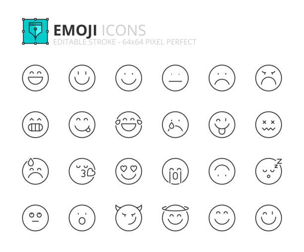 Line icons about emoji. Pixel perfect 64x64 and editable stroke Line icons about emoji. Contains such icons as face expression, satisfaction scale and emotions about happy, funny, sad, angry. Editable stroke Vector 64x64 pixel perfect frustrated emoji stock illustrations