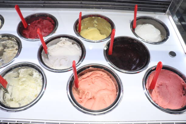 Display window of assorted ice cream flavours stock photo