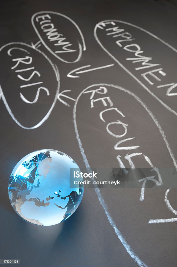 Debt crisis recovery flowchart Debt crisis recovery flowchart on a chalkboard with globe showing Europe Recovery Stock Photo