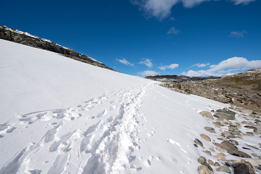 Hiking trail passes patches of snow in autumn colored high mountains after first snowfall of the season in Jotunheimen National Park in Norway. The snow of last season is still melting in some parts of the mountains. The image was captured with a full frame DSLR camera and a sharp fast lens.