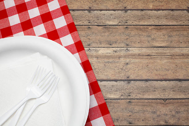 istock Disposable plate and forks with red and white picnic cloth 171304351