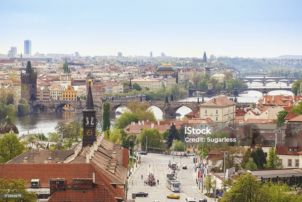 Cityscape of Prague "View of Prague - river Vltava, Charles bridge and Mala strana district" Czech Republic Stock Photo