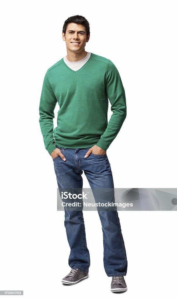 Young Man Standing With Hands In Pockets - Isolated Full length portrait of young man in casual wear standing with hands in pockets. Vertical shot. Isolated on white. Men Stock Photo