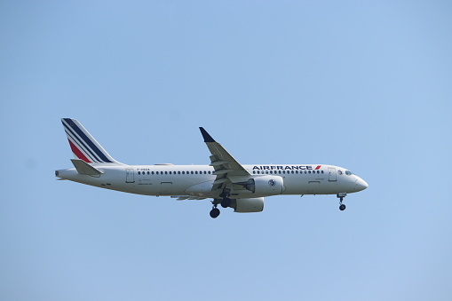 Amsterdam, the Netherlands - September 8th, 2023: F-HZUA Air France Airbus A220-300 final approach to Polderbaan runway at Schiphol Amsterdam Airport, the Netherlands