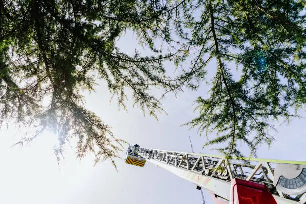 Mechanical scale of firefighters seen from below with blue sky in the background.