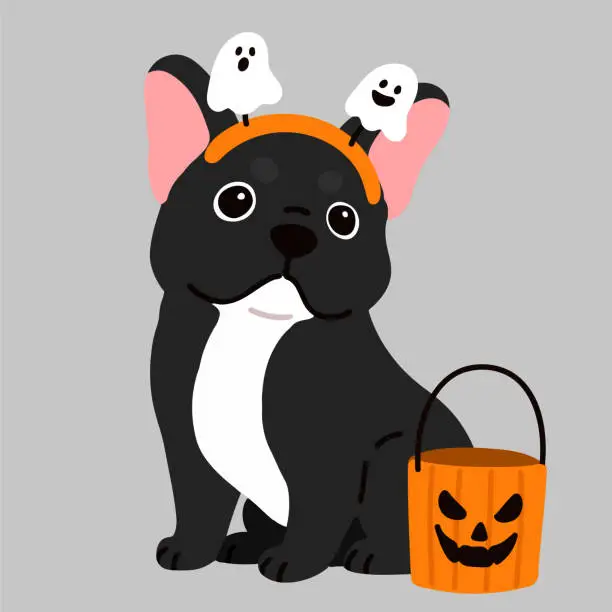 Vector illustration of Flat colored black colored Halloween French Bulldog sitting front view