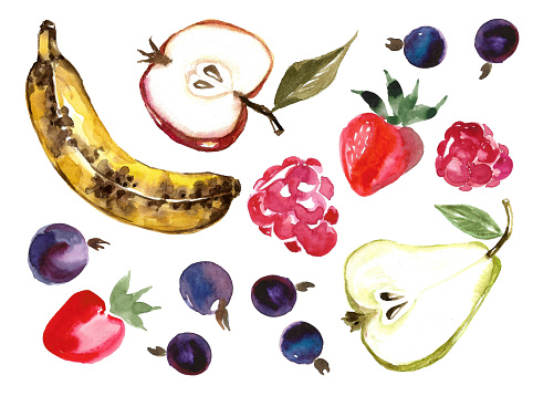 Set of ripe fruits and berries for fruit salad. Banana, half an apple and green pear, black currant, raspberry, strawberry with leaves. hand drawn watercolor image for menu design, printed products