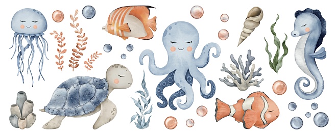 Large set of Underwater Animals. Cute undersea bundle with octopus, seahorse, jellyfish, turtle, clownfish, shells, algae, corals and bubbles. Hand drawn watercolor illustration of sea Fish for nursery, wall sticker, pack, baby shower, book.