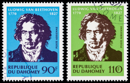 A pair of 1970 Dahomey postage stamps with an illustration of Beethoven; two full-size photos combined.