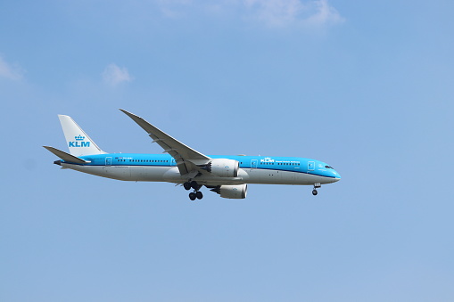 Amsterdam, the Netherlands - September 8th, 2023: PH-BHH KLM Royal Dutch Airlines Boeing 787-9 Dreamliner final approach to Polderbaan runway at Schiphol Amsterdam Airport, the Netherlands