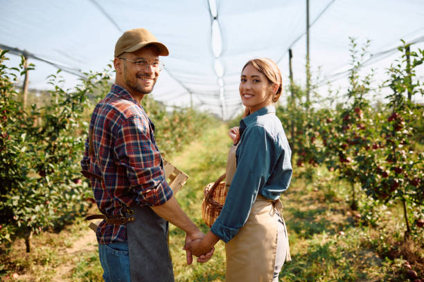 istock Young happy couple at fruit planation looking at camera. 1713067380