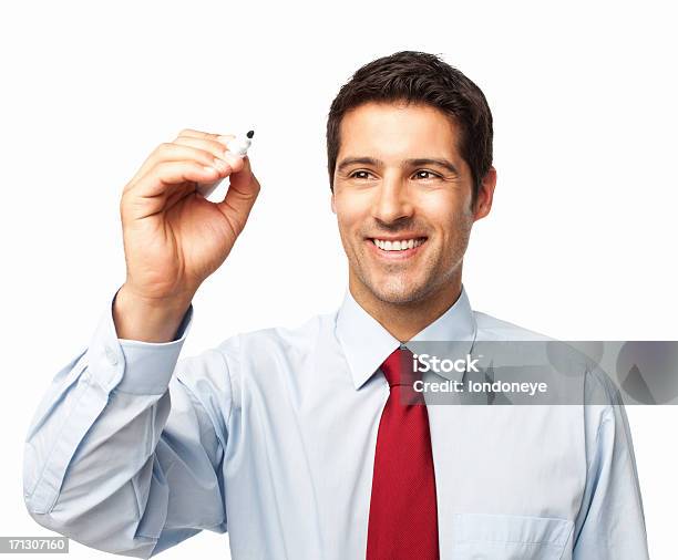 Businessman Writing On Transparent Wipe Board Isolated Stock Photo - Download Image Now