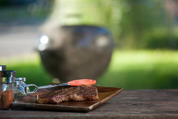 A barbecued steak and spices on a picinic table.Click Images To View My BBQ Lightbox