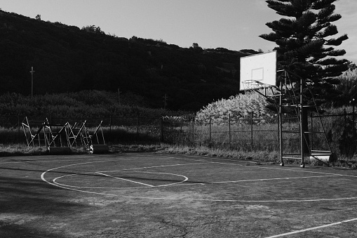 A monochromatic photograph captures the timeless essence of a basketball hoop against the backdrop of an empty court, evoking the nostalgia and simplicity of the sport.