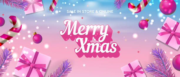 Merry Christmas sale web banner, fashion pink background. Xmas presents, pine tree, candy cane. Horizontal banner, poster. Vector illustration vector art illustration