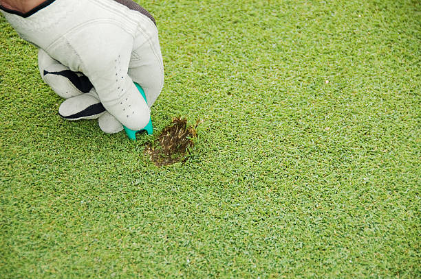 Golfer repairs divot stock photo