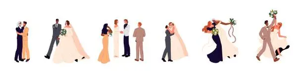 Vector illustration of Newlywed family set. LGBT, homosexual couple wedding. Marriage ceremony. Woman, bride and groom hug, kiss. Husband and wife in bridal dress with flowers. Flat isolated vector illustration on white