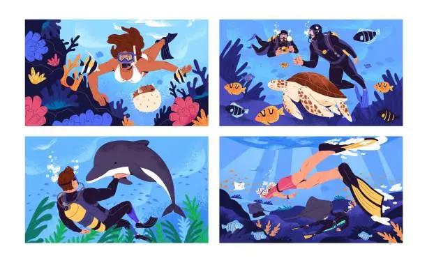 Vector illustration of Scuba diving. People in costume, fins swimming underwater, watching of sea fauna, coral reef. Divers with turtle, exotic fish, stingray, dolphin, fugu. Extreme sport. Seascape flat vector illustration