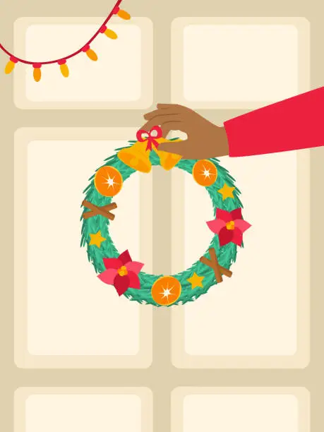 Vector illustration of Hand hanging Christmas wreath on the door