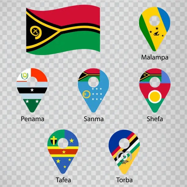 Vector illustration of Six flags the  Provinces of Vanuatu -  alphabetical order with name.  Set of 2d geolocation signs like flags Provinces of Vanuatu. Six 2d geolocation signs for your design. EPS10
